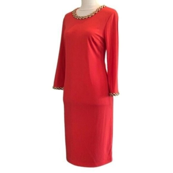 Karl Lagerfeld Long Sleeve Beaded Neck and Cuff Fire Orange Knit Dress Size 4 - Picture 1 of 6